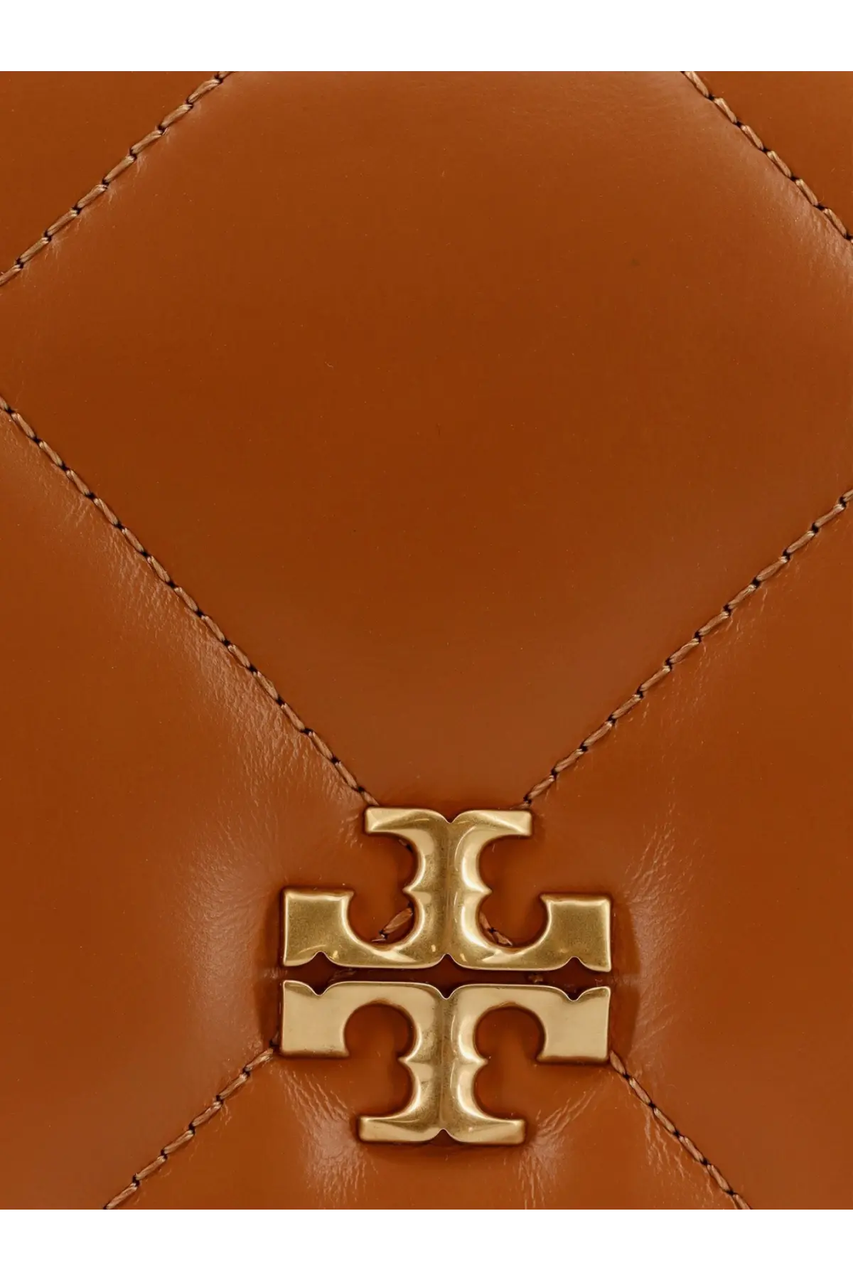 Tan quilted leather tory burch kira matelassé shoulder bag with gold-tone logo clasp for women in white background