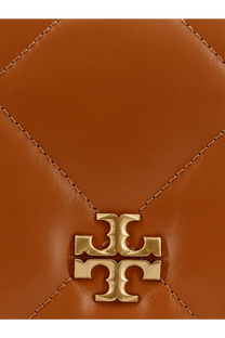 Tan quilted leather tory burch kira matelassé shoulder bag with gold-tone logo clasp for women in white background