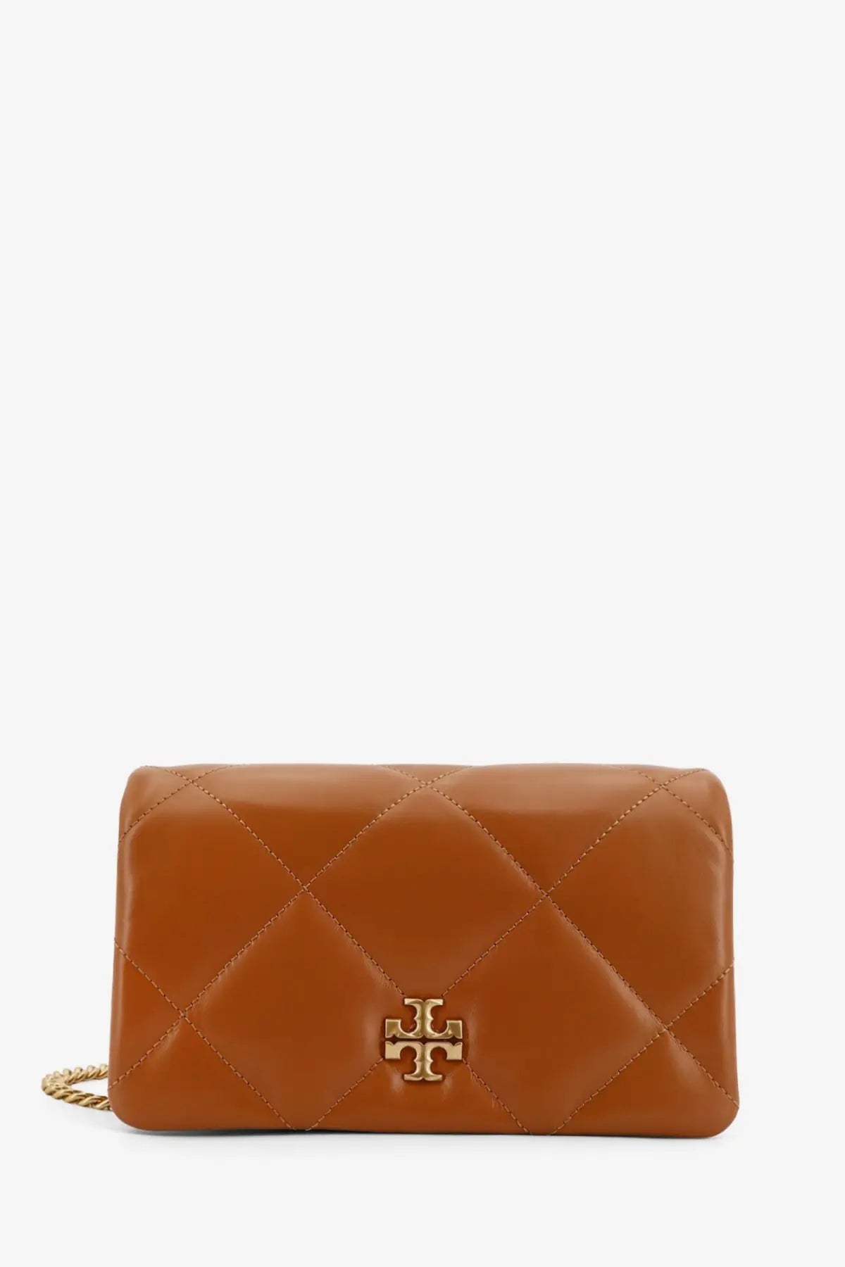 Tan quilted leather clutch with gold-tone logo clasp and chain strap for tory burch women’s kira matelassé bag white