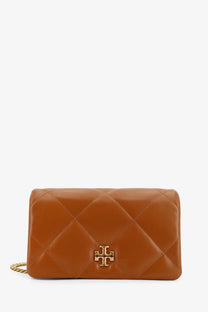 Tan quilted leather clutch with gold-tone logo clasp and chain strap for tory burch women’s kira matelassé bag white