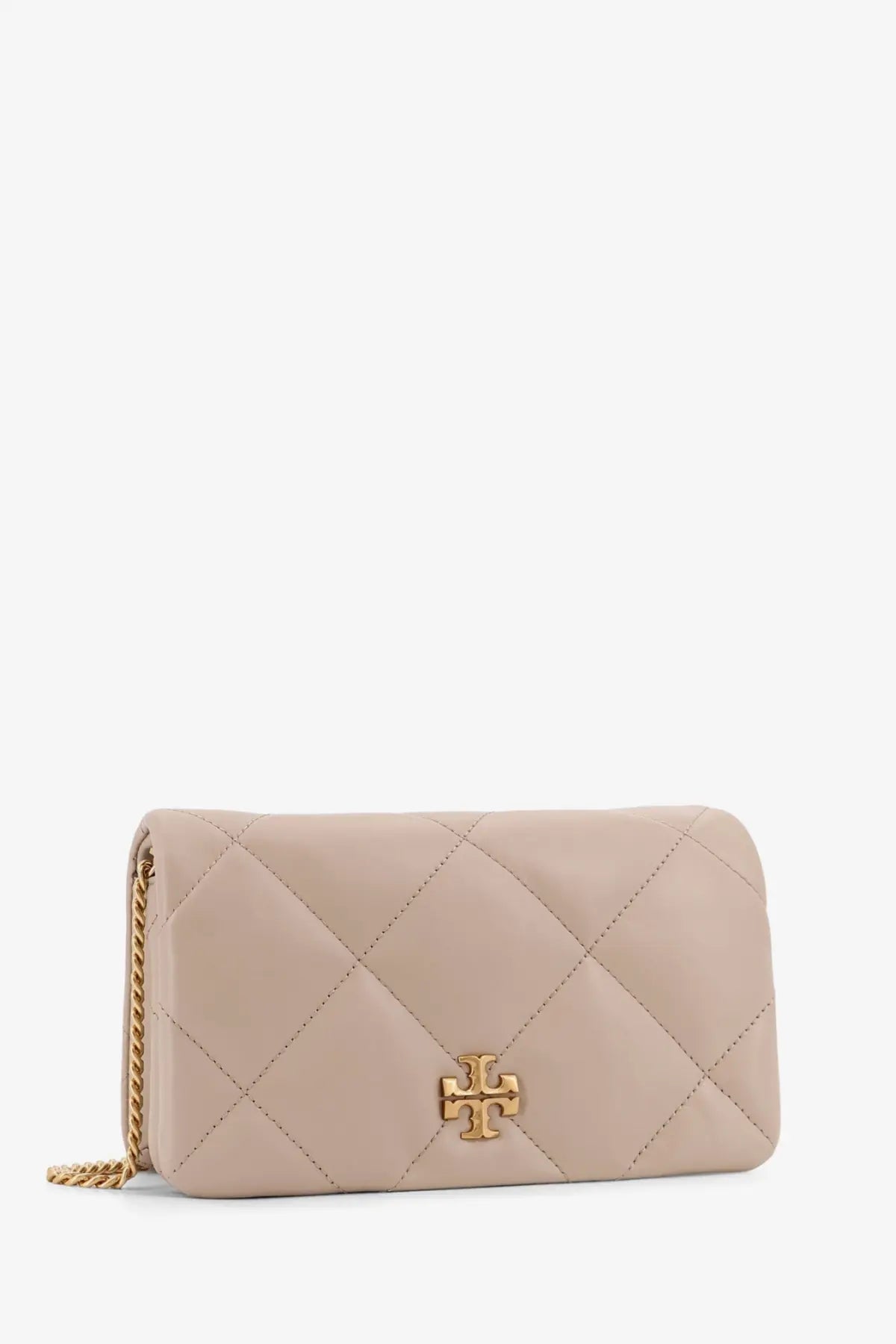 Tory Burch women’s kira quilted leather crossbody bag in beige with gold-tone hardware and chain strap