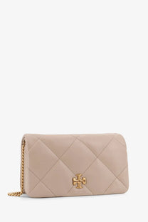 Tory Burch women’s kira quilted leather crossbody bag in beige with gold-tone hardware and chain strap