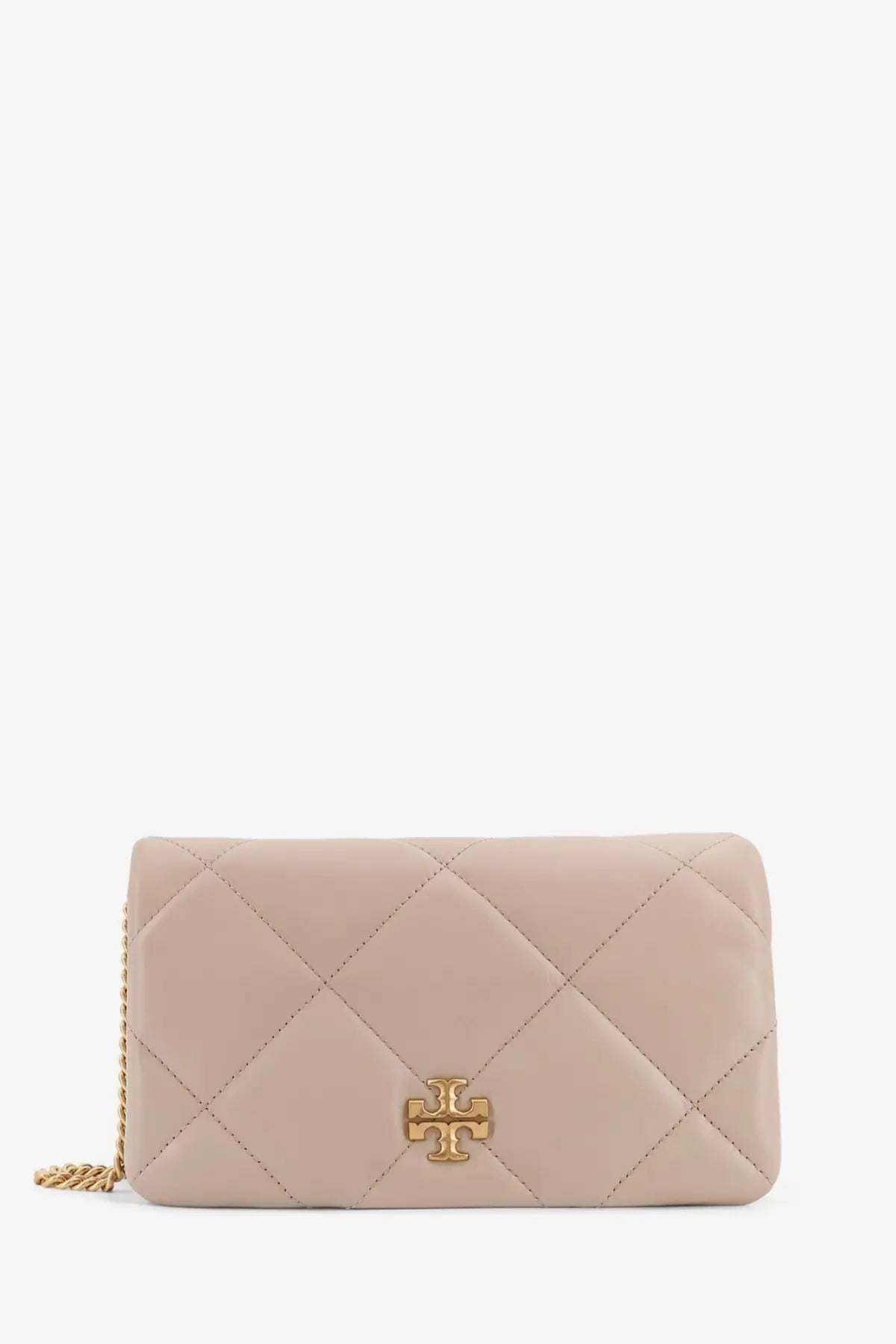 Tory Burch women’s Kira quilted leather crossbody bag beige with gold-tone cross logo clasp and chain strap