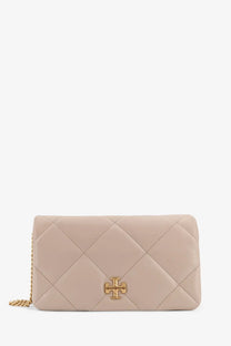 Tory Burch women’s Kira quilted leather crossbody bag beige with gold-tone cross logo clasp and chain strap