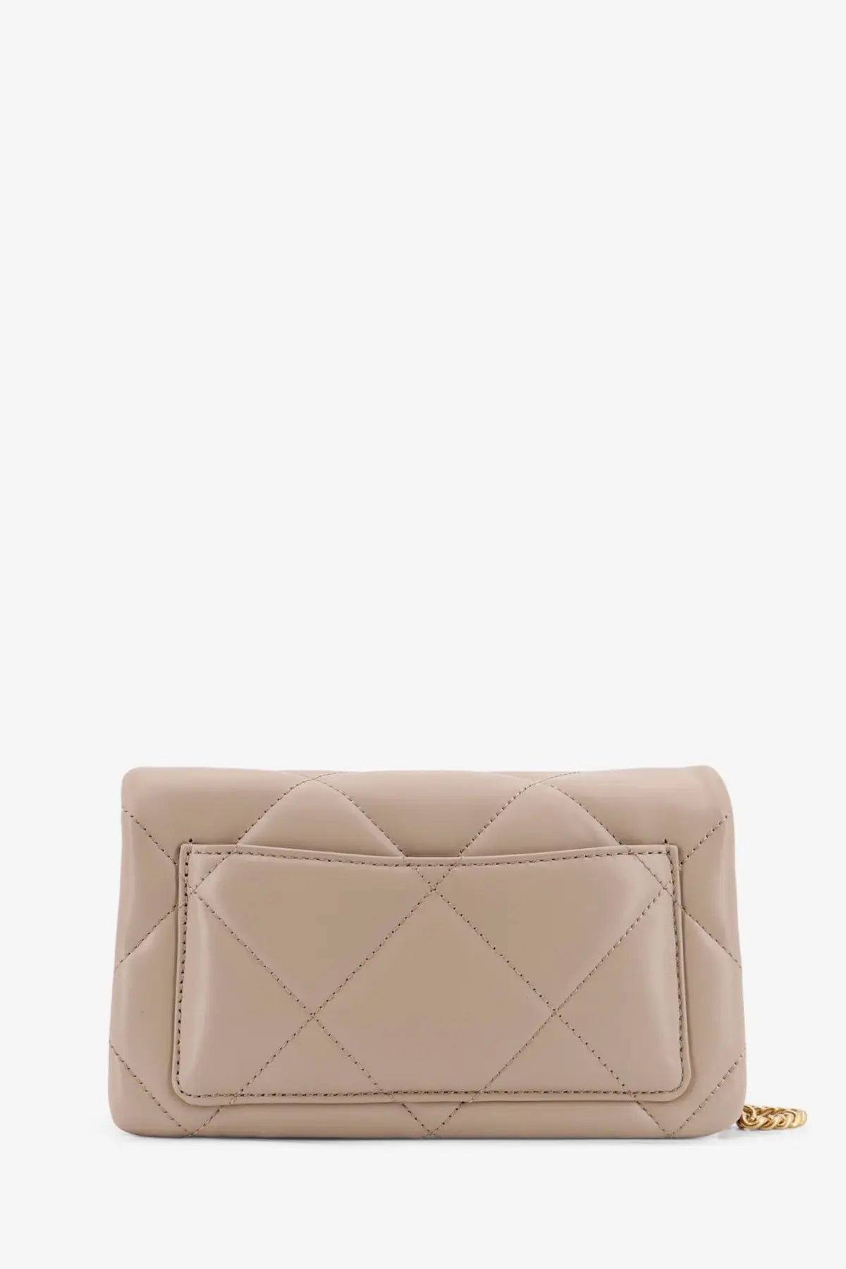 Tory Burch women’s kira quilted leather crossbody bag in beige with gold-tone chain strap and clutch design