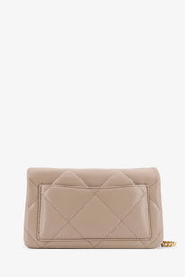 Tory Burch women’s kira quilted leather crossbody bag in beige with gold-tone chain strap and clutch design