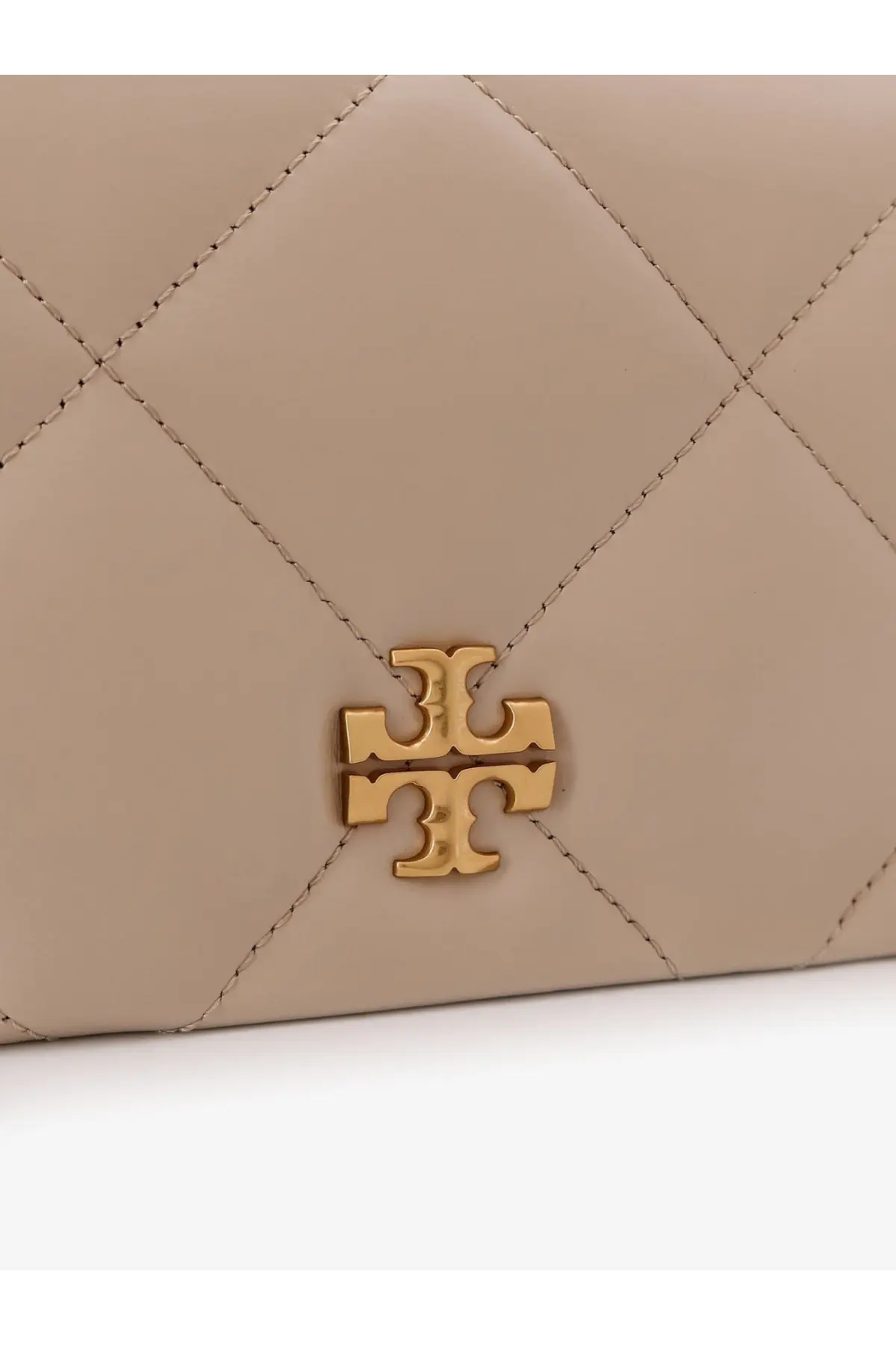 Beige quilted leather clutch crossbody bag with gold-tone tory burch logo clasp for women
