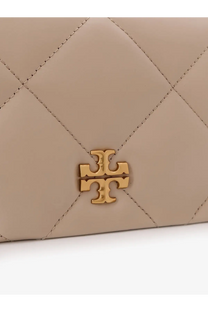 Beige quilted leather clutch crossbody bag with gold-tone tory burch logo clasp for women