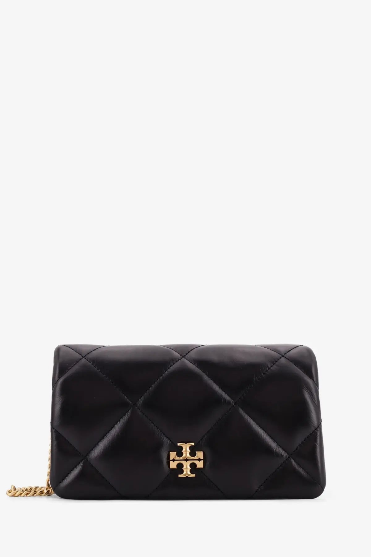 Tory Burch women’s kira quilted black leather crossbody clutch with gold-tone logo clasp and chain strap