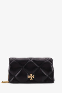 Tory Burch women’s kira quilted black leather crossbody clutch with gold-tone logo clasp and chain strap