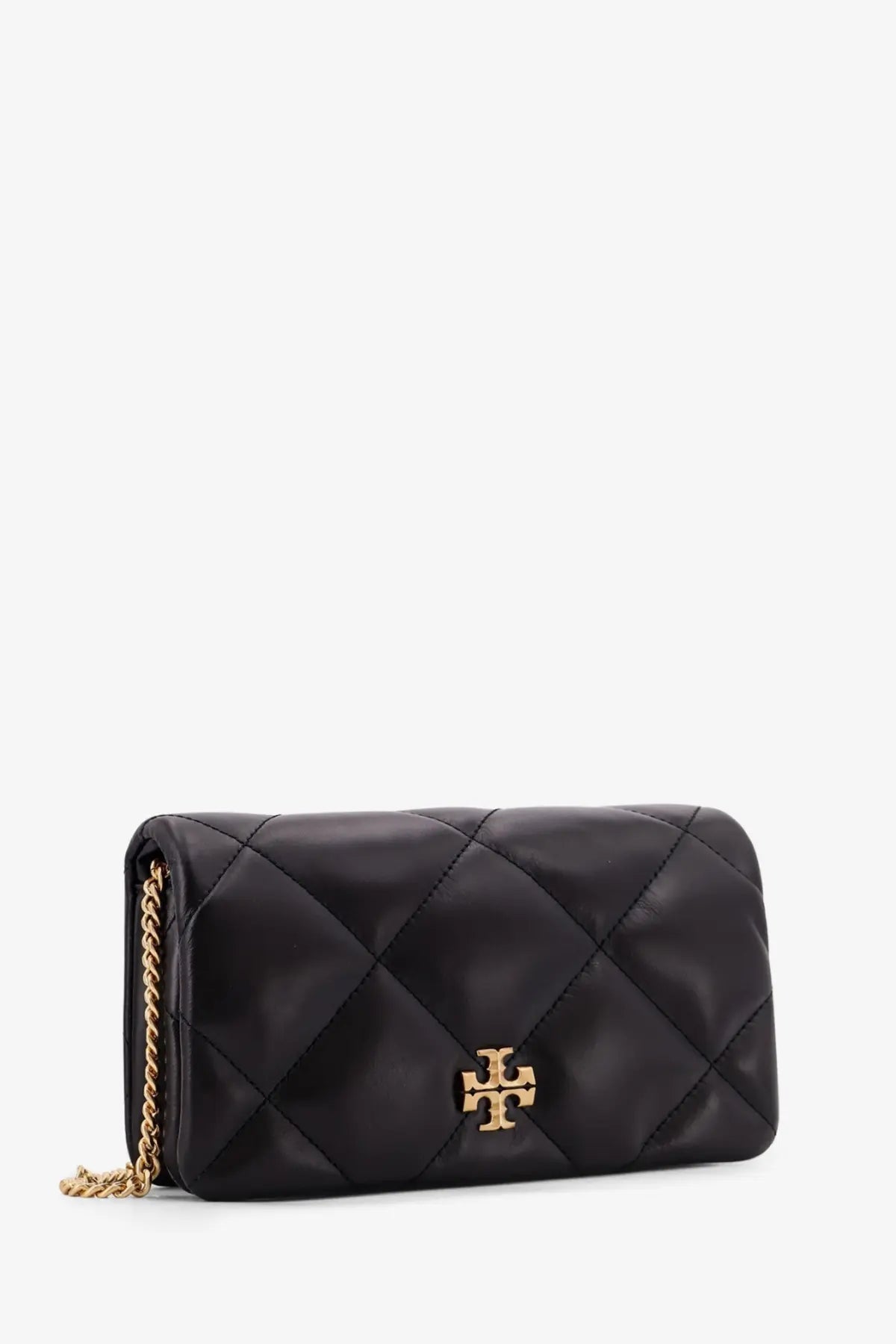 Tory Burch women’s kira black quilted leather clutch with gold-tone chain strap and logo clasp crossbody bag