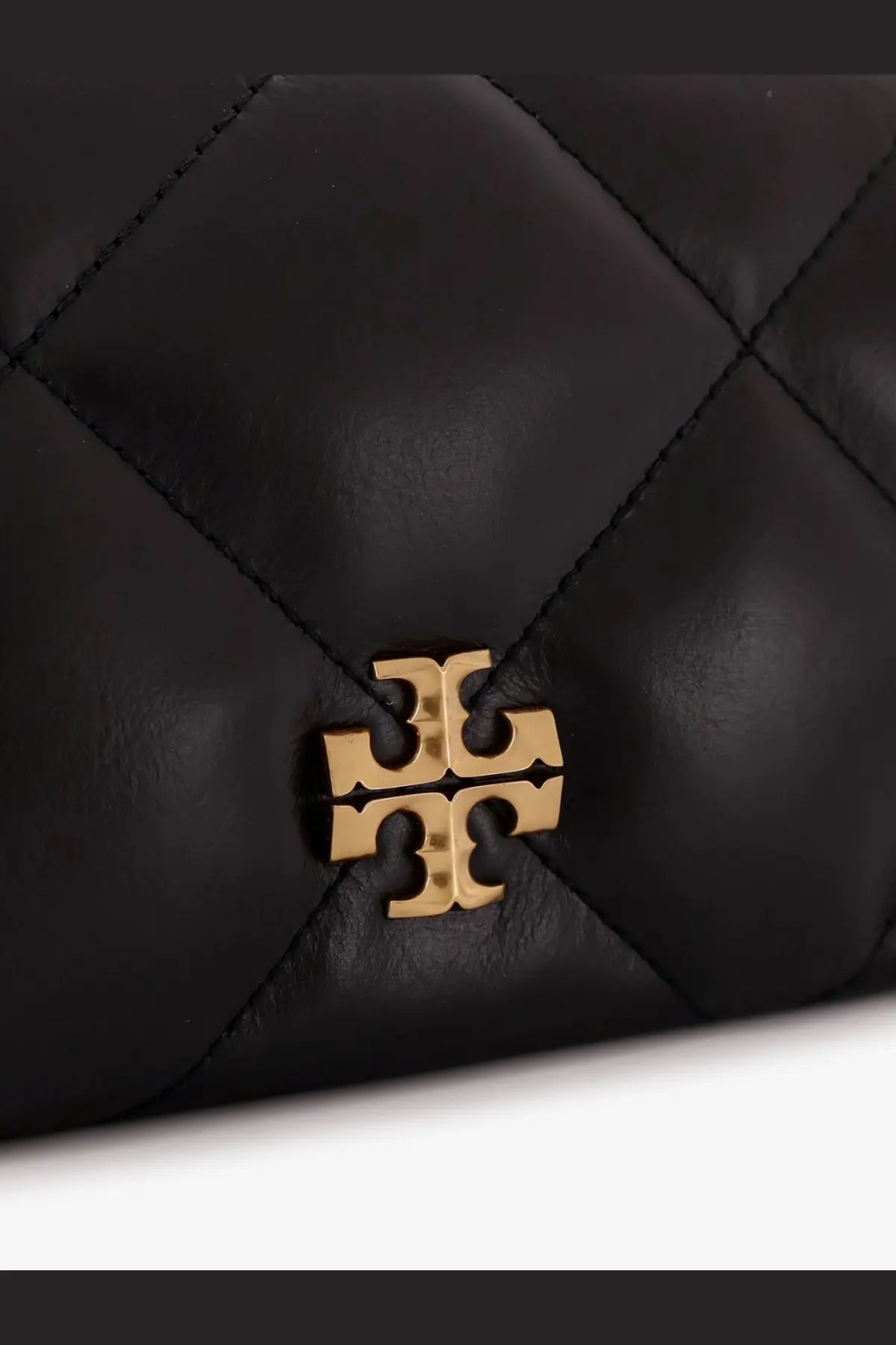 Black quilted leather Tory Burch Kira crossbody bag with gold-tone logo clasp for women