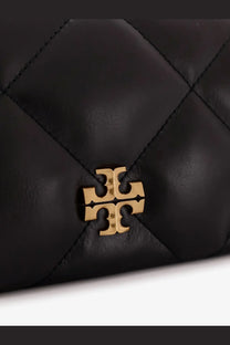 Black quilted leather Tory Burch Kira crossbody bag with gold-tone logo clasp for women