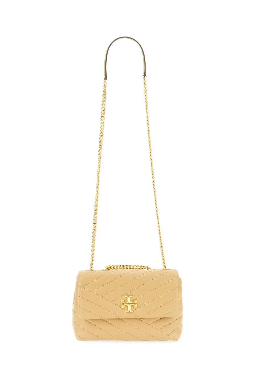Tory Burch women’s Kira small shoulder bag in beige quilted leather with gold-tone chain strap and logo clasp