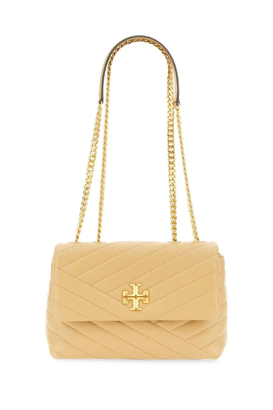 Tory Burch women’s Kira small shoulder bag in beige quilted leather with gold-tone chain strap and logo clasp