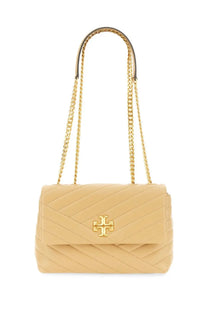 Tory Burch women’s Kira small shoulder bag in beige quilted leather with gold-tone chain strap and logo clasp