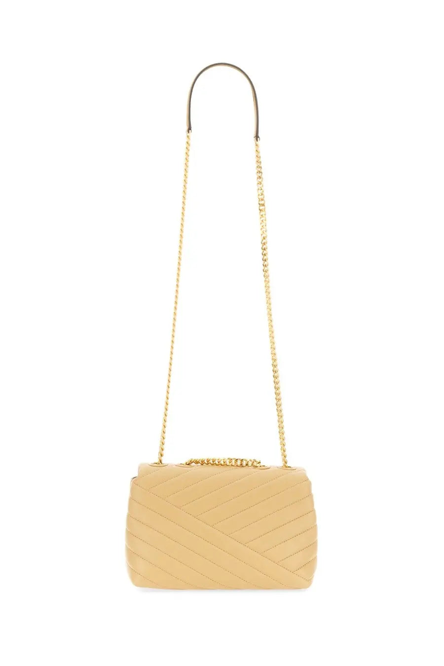 Beige quilted leather Tory Burch women’s Kira small shoulder bag with gold-tone chain strap and hardware