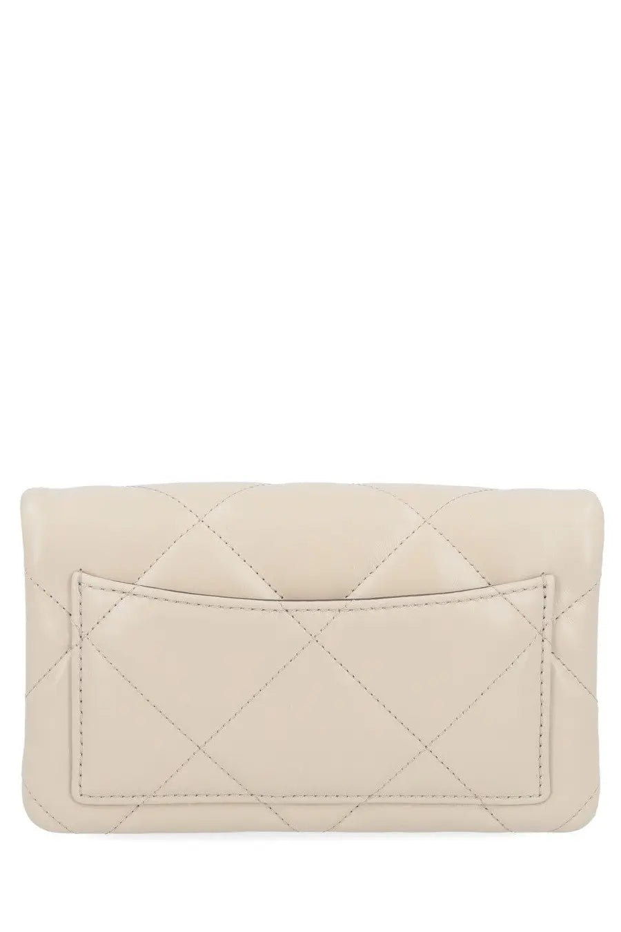 Tory Burch women’s Kira wallet beige cream-colored quilted leather clutch with front flap and diamond-stitched pattern