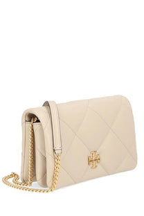 Tory Burch women’s Kira wallet beige cream-colored quilted leather crossbody bag with gold-tone chain strap and logo clasp