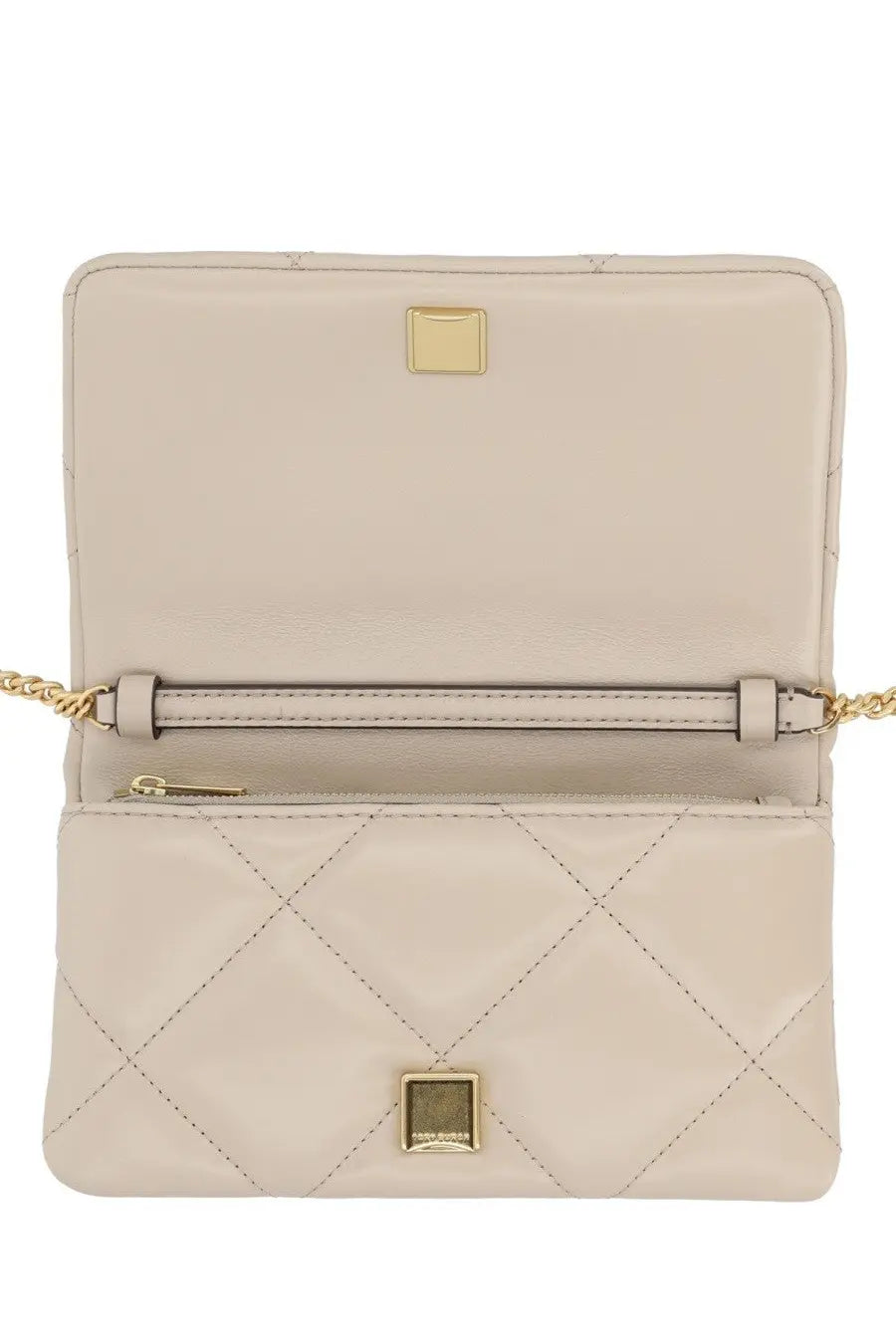 Tory Burch women’s Kira wallet beige beige quilted leather crossbody bag with gold-tone hardware and chain strap