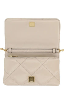 Tory Burch women’s Kira wallet beige beige quilted leather crossbody bag with gold-tone hardware and chain strap