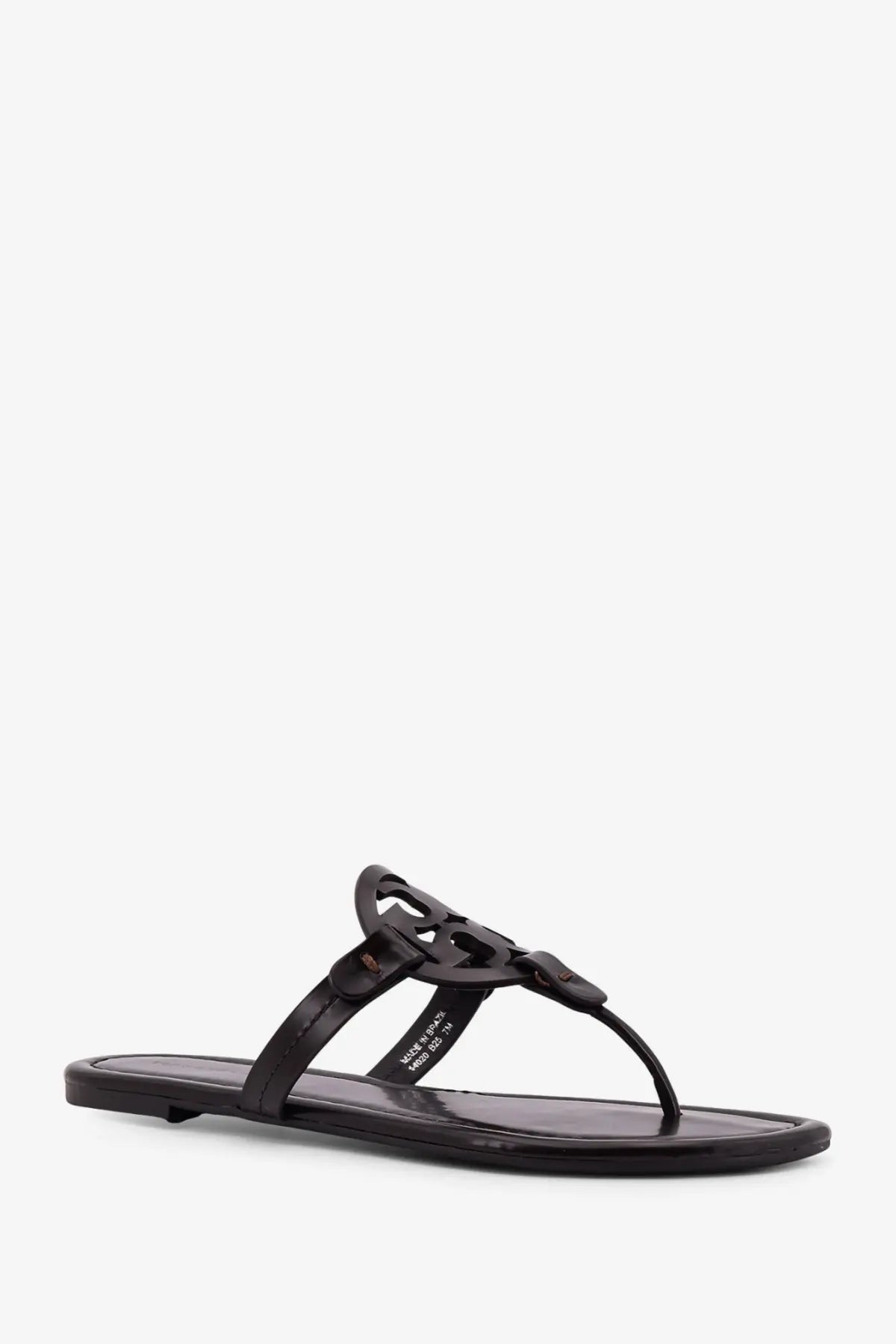 Black Tory Burch women’s leather thong sandal with glossy finish and signature logo strap in brown color