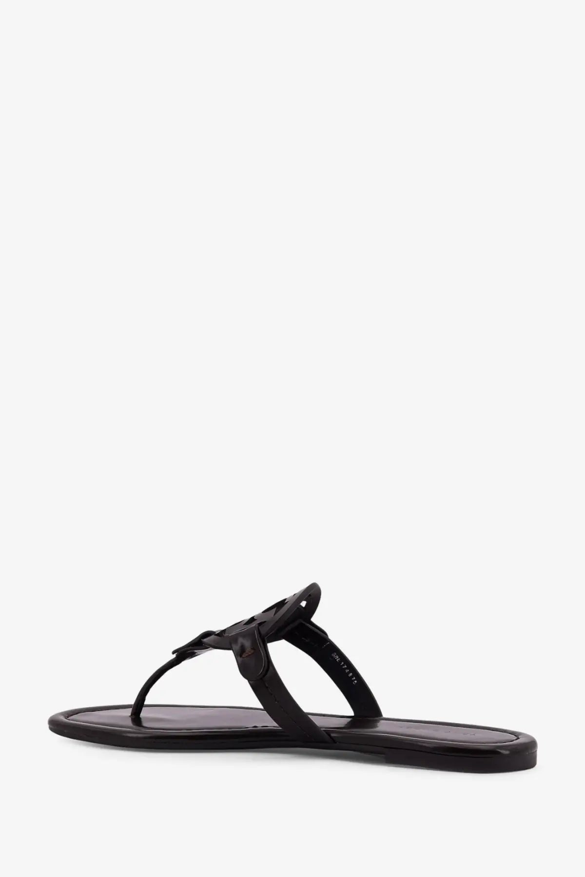 Black patent leather Tory Burch women’s miller thong sandal with signature logo buckle and brown leather sole