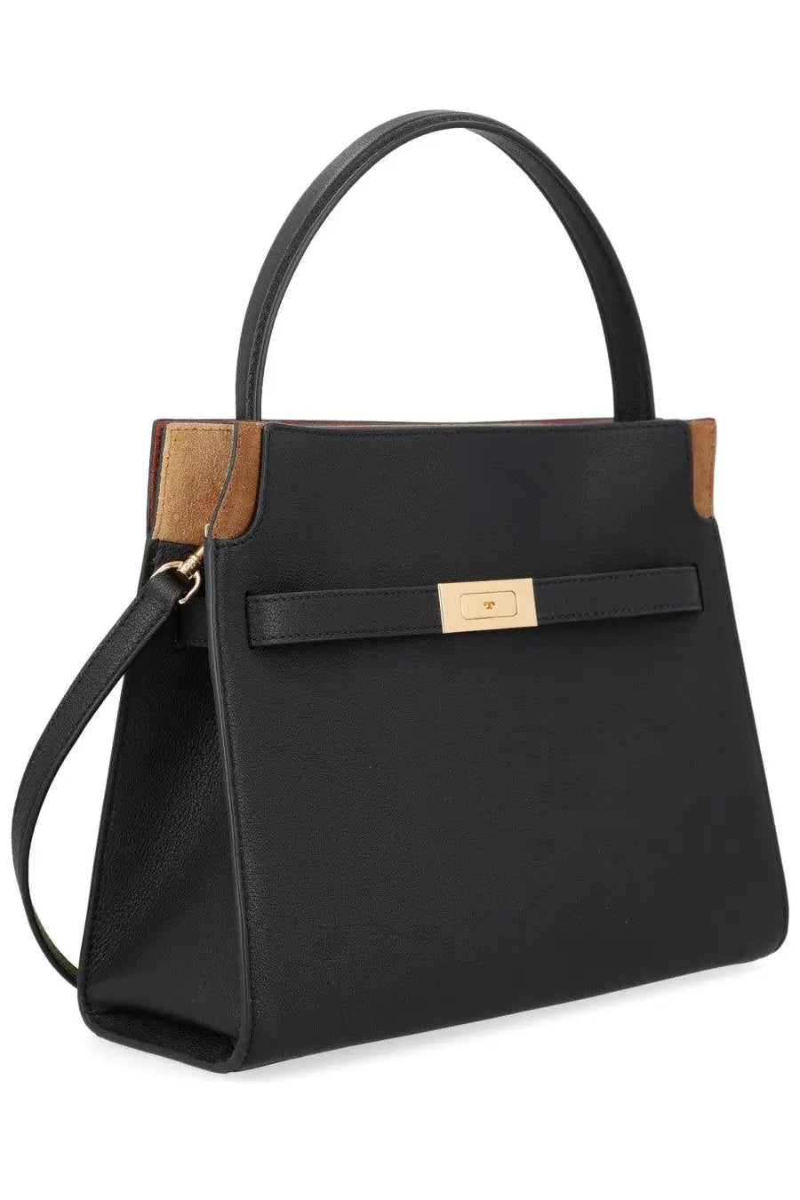 Tory Burch women’s lee Radziwill small handbag in black leather with tan suede accents and gold-tone clasp