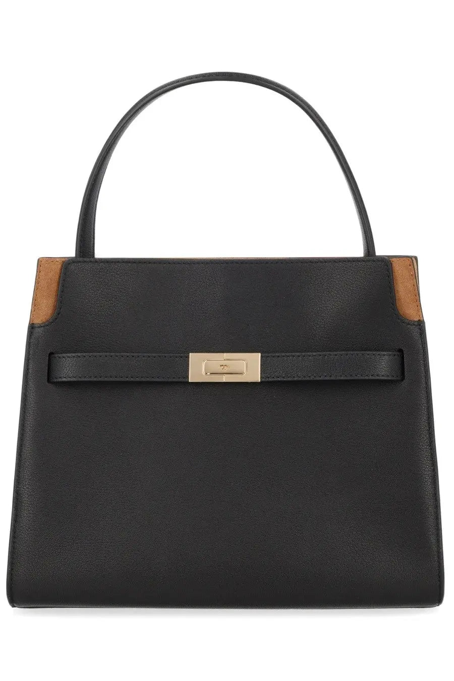 Tory Burch women’s Lee Radziwill small black leather tote bag with tan accents and gold-tone clasp