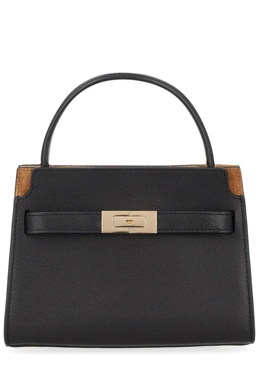 Tory Burch womens Lee Radziwill mini bag in black leather with tan suede accents and a gold tone clasp