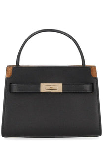 Tory Burch womens Lee Radziwill mini bag in black leather with tan suede accents and a gold tone clasp
