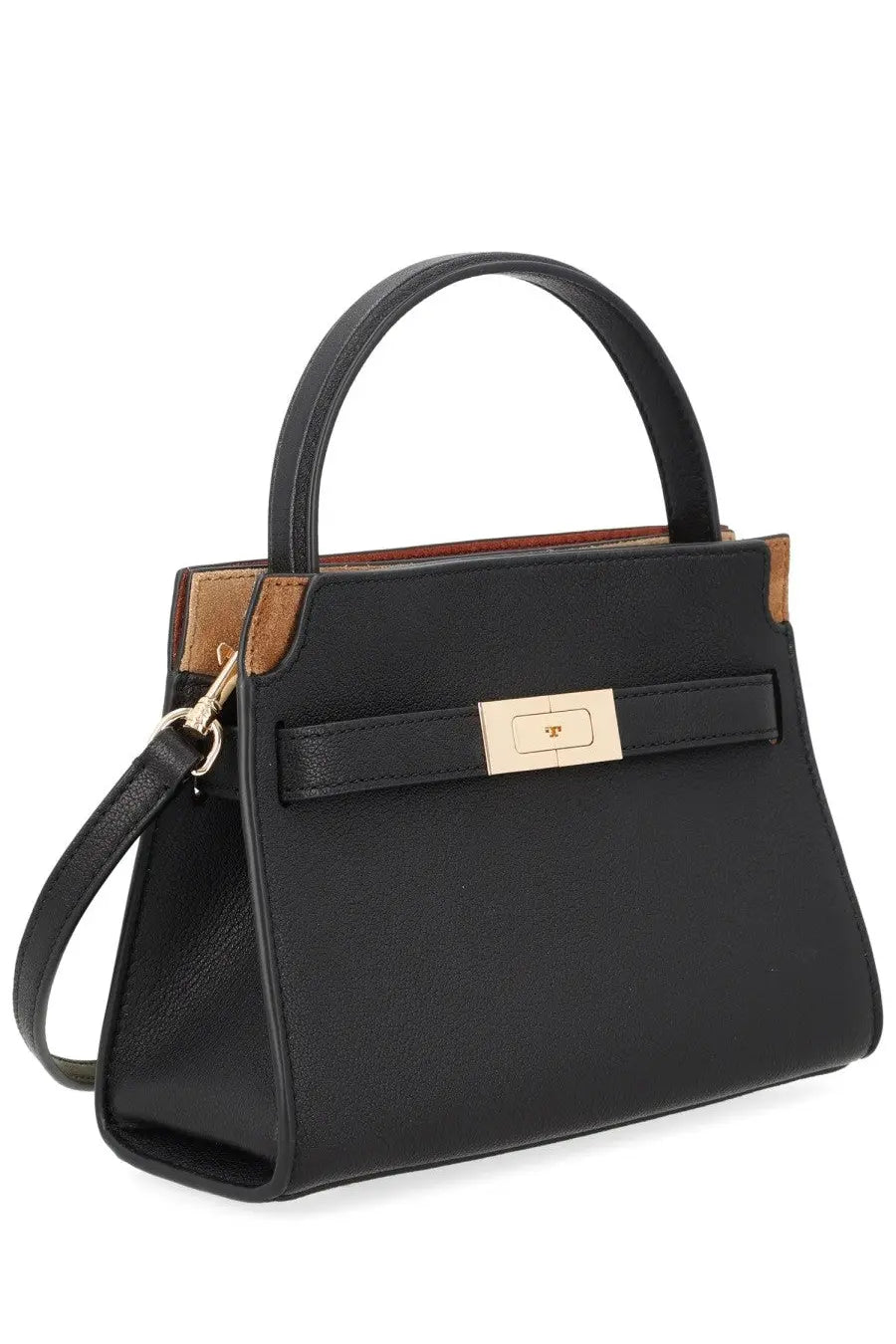 Tory Burch womens Lee Radziwill mini bag black leather with tan accents and gold-tone clasp front view