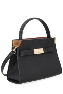 Tory Burch womens Lee Radziwill mini bag black leather with tan accents and gold-tone clasp front view