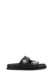 Black leather slide sandal with silver-tone metal tory burch logo accents for women