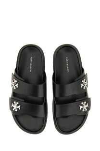 Black tory burch women’s lock slide sandals with silver-toned logo hardware on leather straps