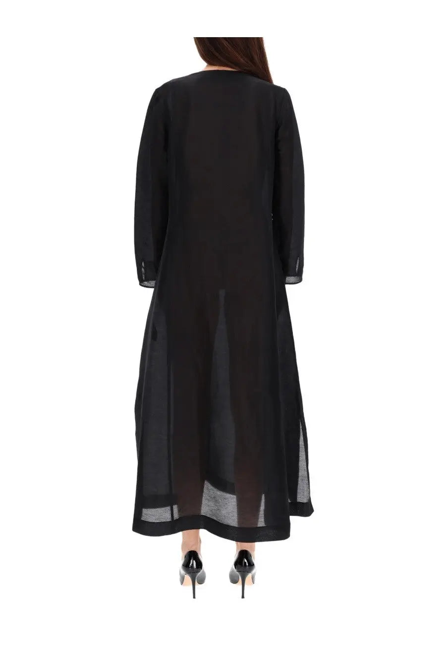 Tory Burch women’s black long linen caftan with sheer long sleeves and subtle mesh detailing at the hem