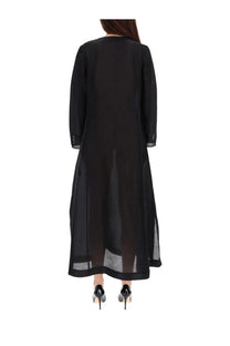 Tory Burch women’s black long linen caftan with sheer long sleeves and subtle mesh detailing at the hem