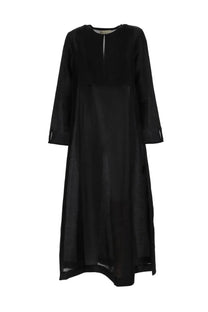 Tory Burch women’s black long linen caftan with subtle sheen and asymmetrical hemline in long-sleeved design