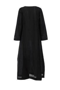 Tory Burch women’s black long linen caftan dress with subtle sheer panel accents at cuffs and hem