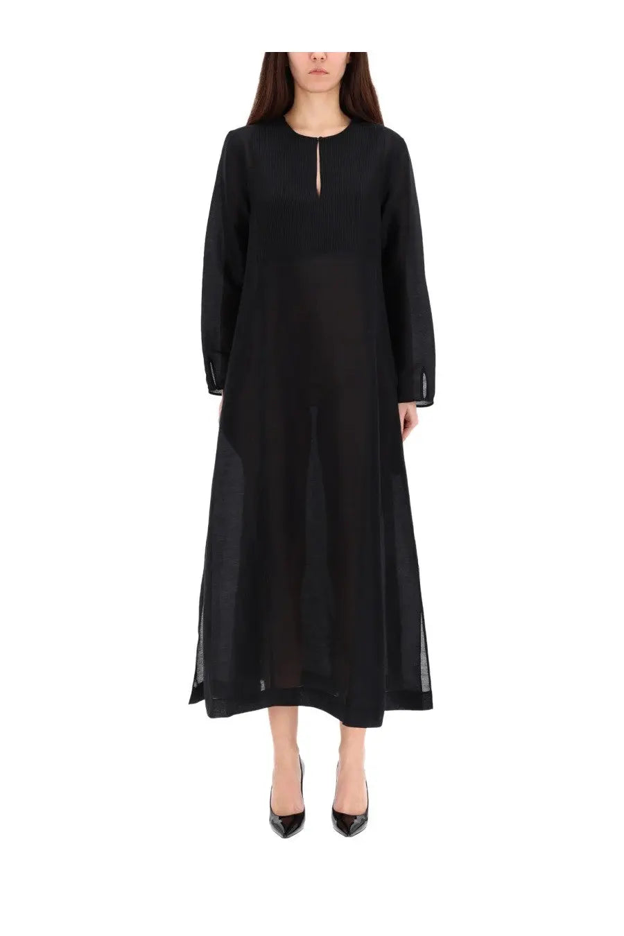 Tory Burch women’s black long linen caftan maxi dress with sheer side panels and subtle front slit
