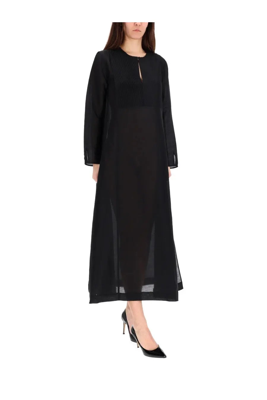 Tory Burch women’s long linen caftan black maxi dress with sheer panels and a subtle front slit