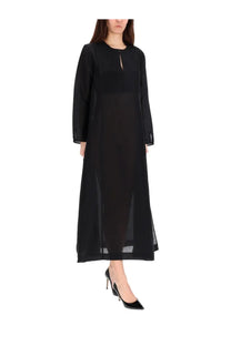Tory Burch women’s long linen caftan black maxi dress with sheer panels and a subtle front slit