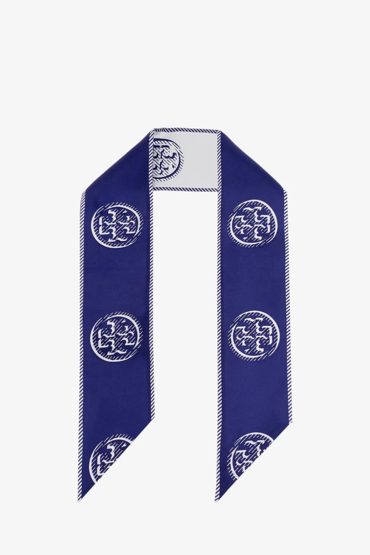 Tory burch women’s medallion ribbon silk tie in deep blue with white embroidered logo pattern and stitched edges
