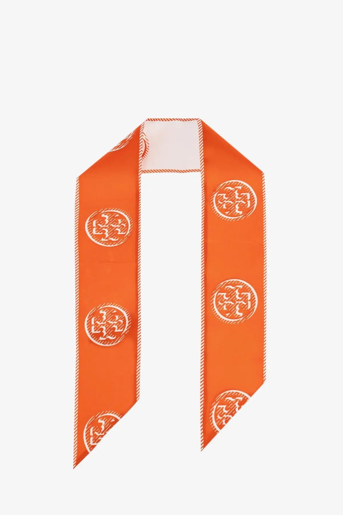 Vibrant orange silk scarf with repeating white embroidered logo pattern for Tory Burch women’s medallion ribbon silk tie grey