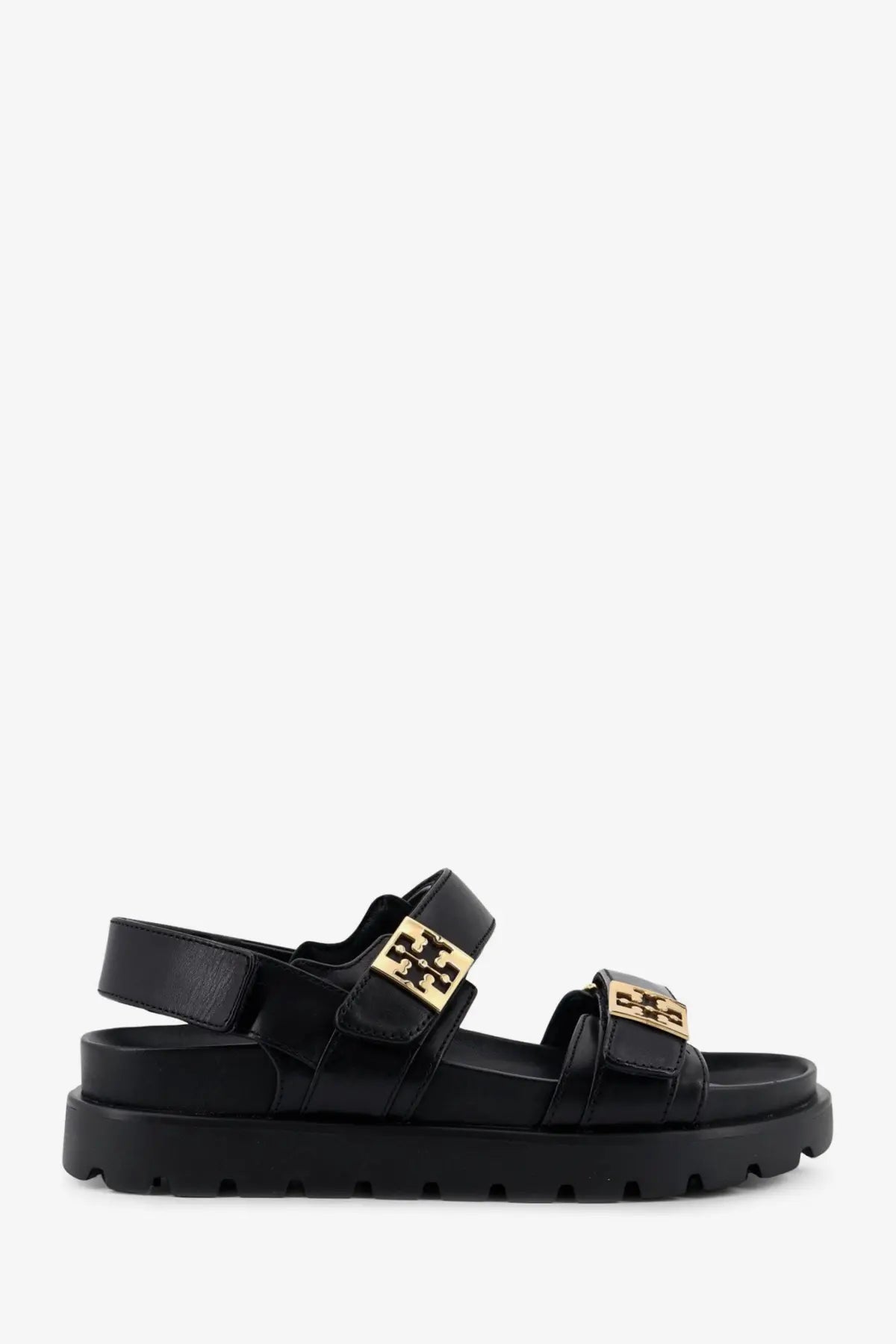 Tory Burch women’s mellow black leather sandals with gold-tone buckle accents for stylish casual wear