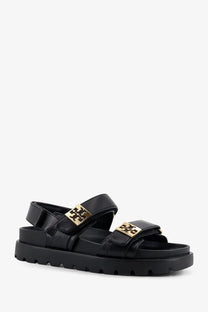 Tory Burch women’s mellow black leather sandals with gold-tone logo buckles and chunky rubber sole