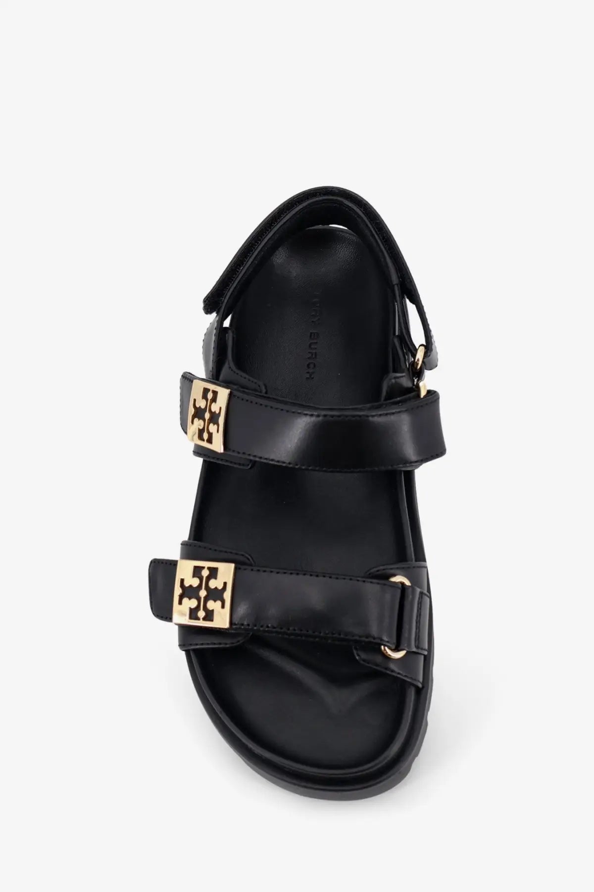 Black leather tory burch women’s mellow sandals with gold tone logo buckles elegant summer footwear