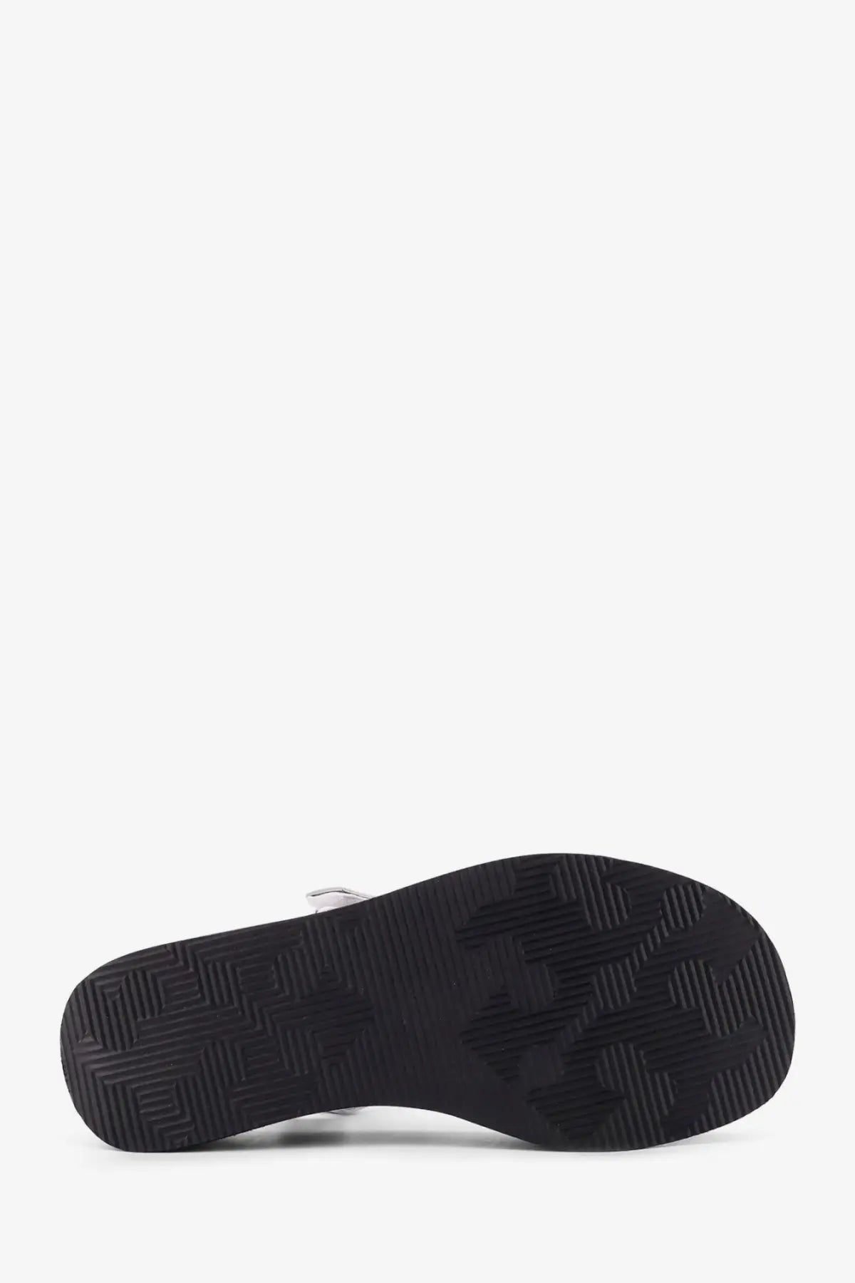 Tory Burch women’s mellow leather wedge sandal in blue with silver metallic upper and black rubber sole with geometric tread