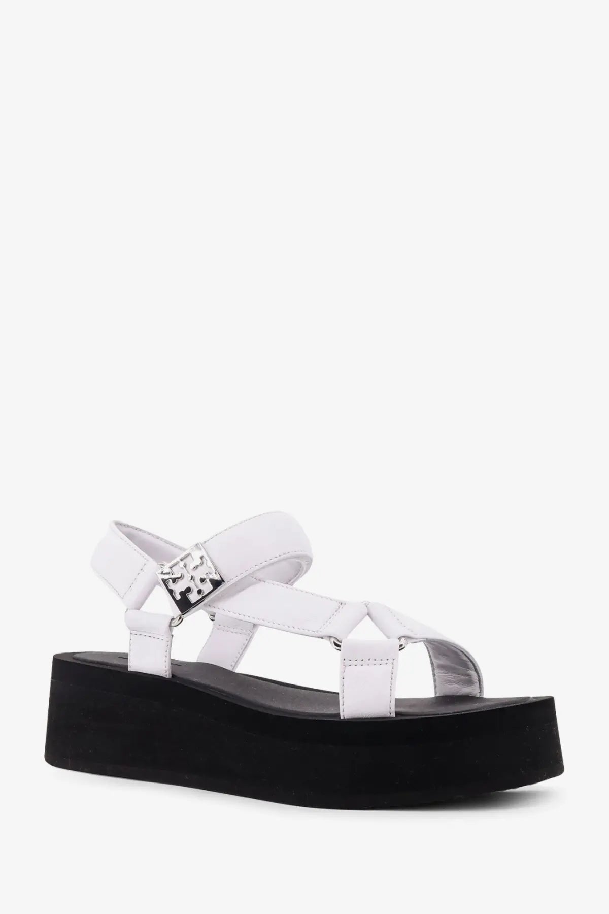 White leather Tory Burch womens mellow wedge sandals with black sole and silver-tone logo buckle