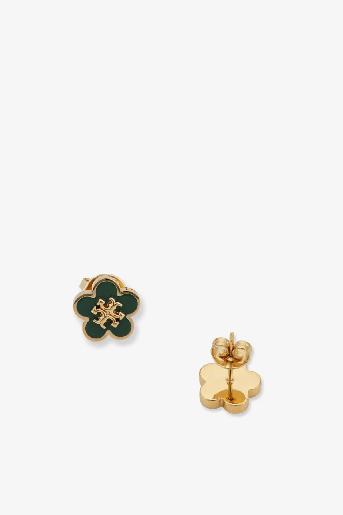 Tory burch women metal earrings gold with green enamel four-leaf clover studs and gold-tone metal frame featuring logo